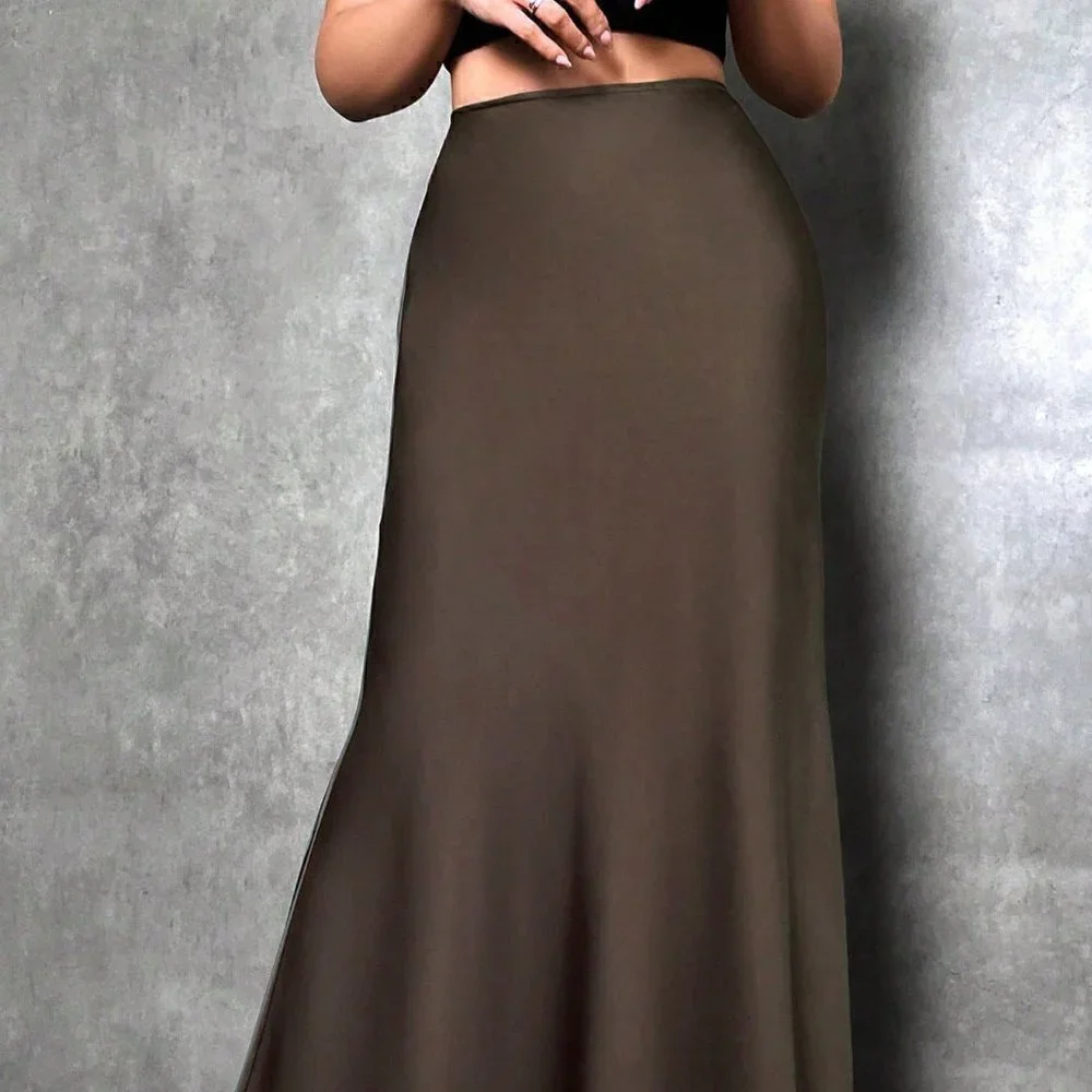 Brown Casual Womens Solid Maxi Satin Skirt
